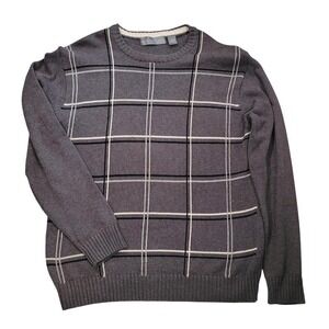 Oscar de la Renta Gray Windowpane 100% Cotton Sweater Crew Neck L Preppy Classic